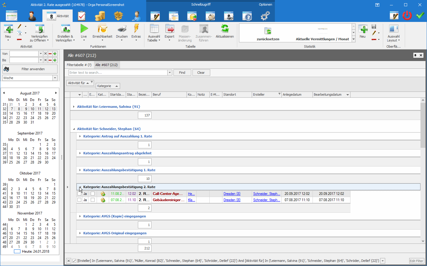 Aktivitätstabelle gruppiert