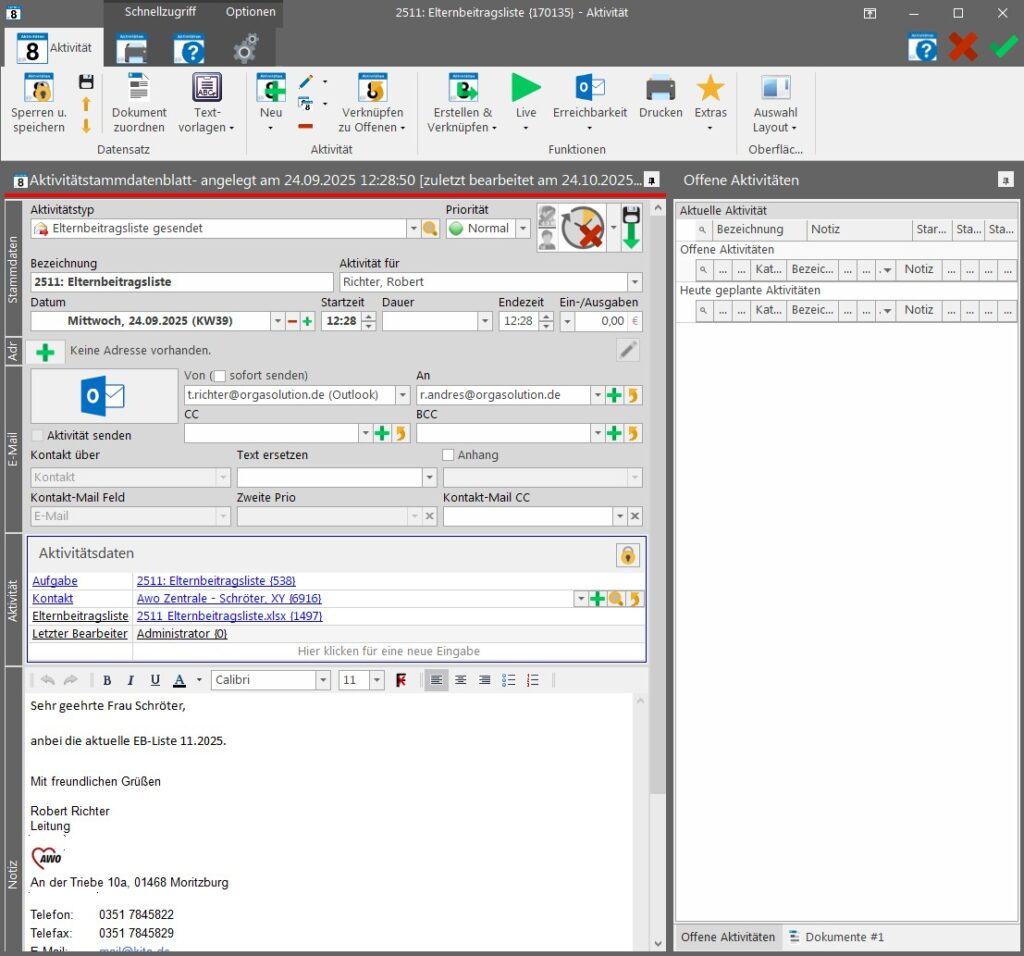 Elternbeitragsliste schnell per E-Mail